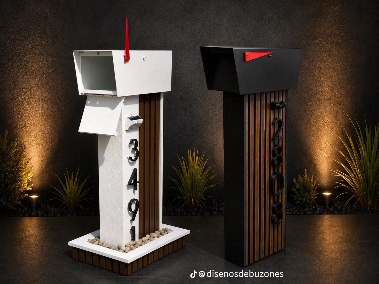 White mailbox with red flag and a black mailbox on slatted pedestals with vertical address numbers and white pebble bases