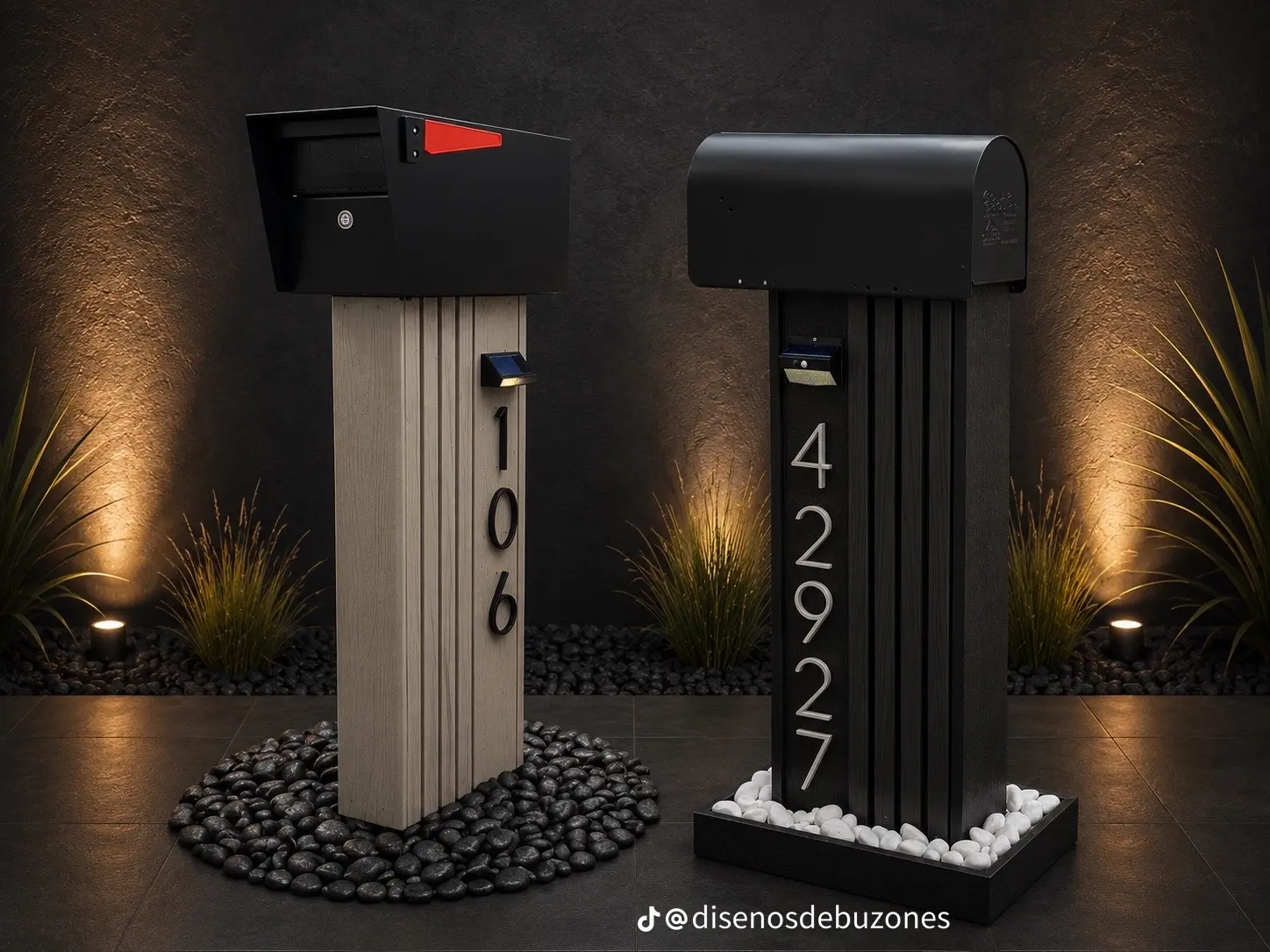 Two mailboxes on slatted pedestals with pebble-filled bases — one in light wood-look with a solar light, one black with silver numbers